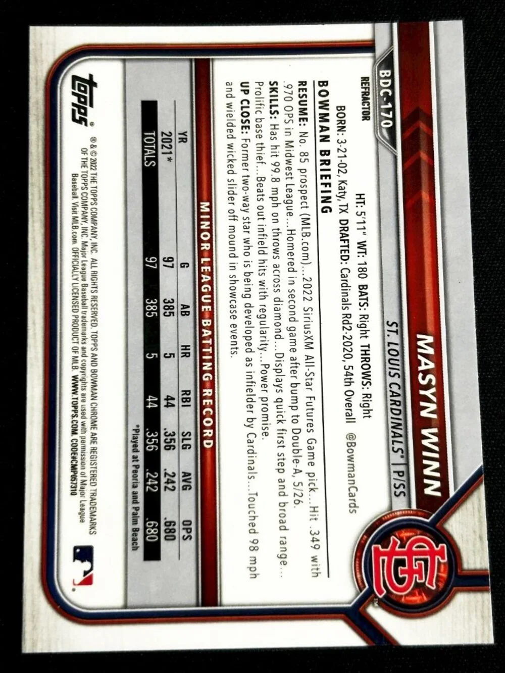 2020 Masyn Winn Panini Prizm Draft Picks & 2022 BOWMAN DRAFT CHROME BASEBALL ROO